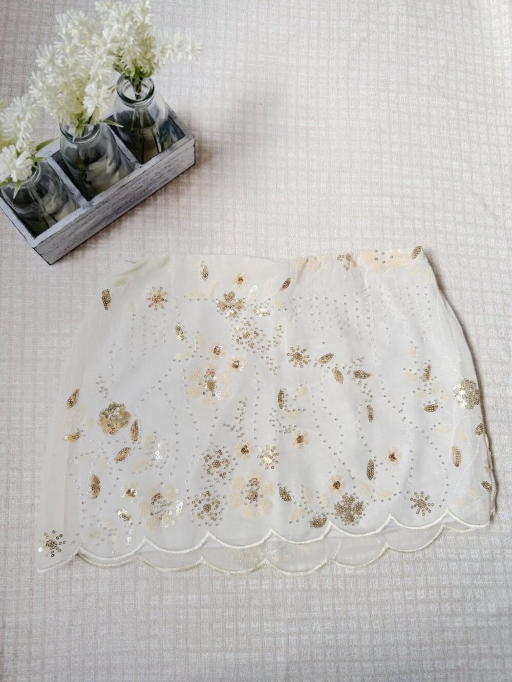 THIRTY/THIRTY Ivory Floral Beaded Sequin Mini Skirt Size S